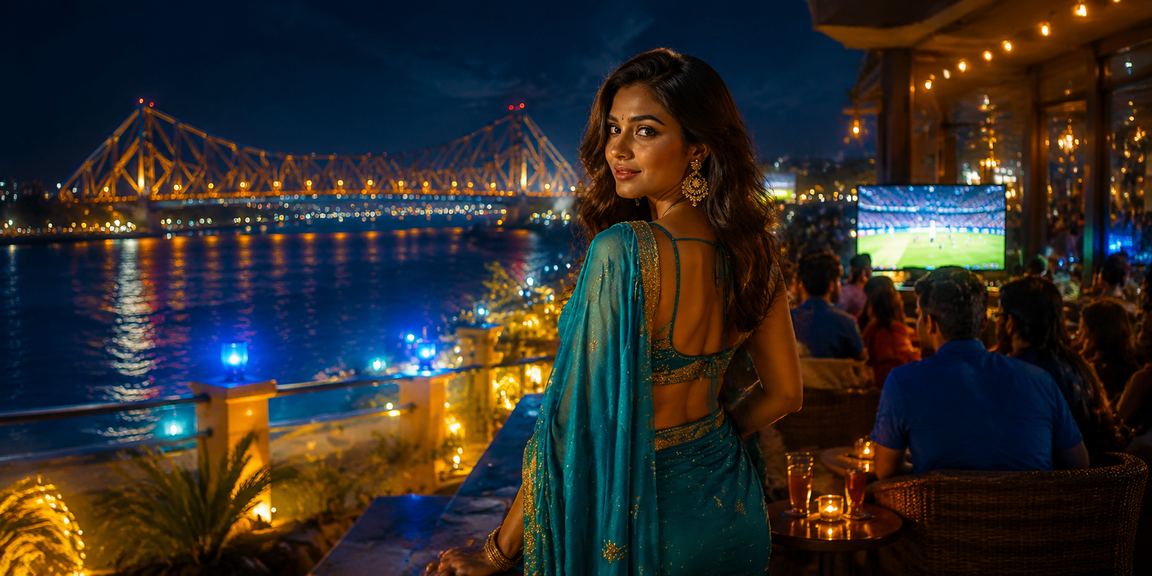A woman in Kolkata enjoying online cricket betting via mobile